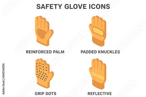 Safety glove icons set in isometric flat design. Vector illustration of work gloves with features like reinforced palm, padded knuckles, grip dots, and reflective stripe.