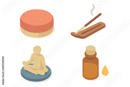 Relaxation icon set of 4. Isometric flat icons of meditation cushion, incense stick, essential oil. Vector for mindfulness, wellness, spa, yoga, and zen concepts.