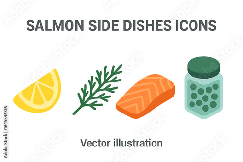 Salmon side dishes icon set. Isometric vector illustrations of seafood ingredients. Healthy food concept with raw salmon fillet, lemon wedge, dill, and capers jar.