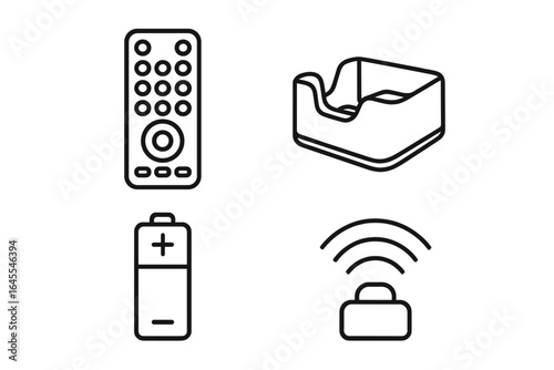 Remote control line icon set. Vector icons of a TV remote, charging dock station, battery power symbol, and infrared wireless signal. Modern electronic device accessories concept.