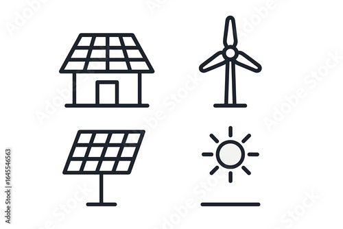 Renewable energy outline icon set. Green power concepts. Rooftop solar panel on house, wind turbine, sun symbol. Eco friendly electricity source. Vector illustration.