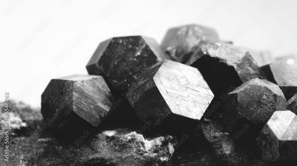 Naklejka premium Close-up of dark hexagonal crystals against a light background, showcasing intricate textures and shapes.