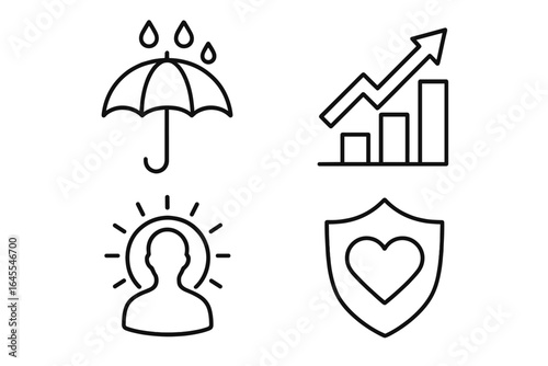 Mental health and resilience line icon set. Concepts for coping with stress, personal growth, self-care, mindfulness, and emotional protection. Vector psychology symbols.