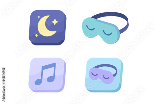 Sleep apps icon set. Isometric flat icons for sleep and relaxation. Moon, stars, sleep mask, lullaby music note. Vector illustration for mobile, web, UI, UX design.