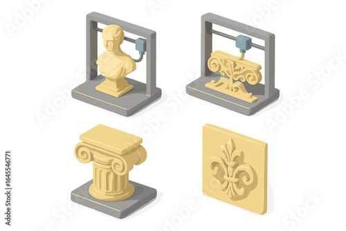 Isometric 3D printing icon set. Additive manufacturing technology creating classical art and sculptures. Digital fabrication of a Greek bust, Roman column capital and ornament.