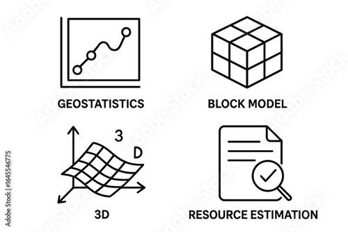 Geostatistics and resource estimation outline icon set. Includes block model, 3D surface chart, and data analysis report icons for the mining and geology industry.