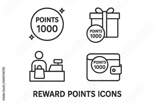 Reward points icon set for customer loyalty program. Outline icons for redemption points balance, redeem gift, checkout counter, and digital wallet for shopping bonus.