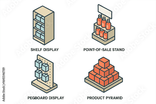 Retail merchandising isometric icon set. In-store product placement, promotion strategy. Vector icons of a shelf display, point of sale stand, pegboard, and product pyramid layout.