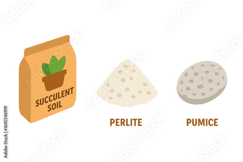 Soil and substrate isometric icon set. Vector illustration of succulent potting mix components: soil bag, perlite, and pumice stone. Flat design for gardening concepts.