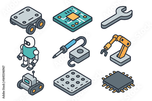 Robotics and engineering isometric icon set. Automation technology concept. Vector illustration of robot chassis, circuit board, robotic arm, CPU, soldering iron and android.