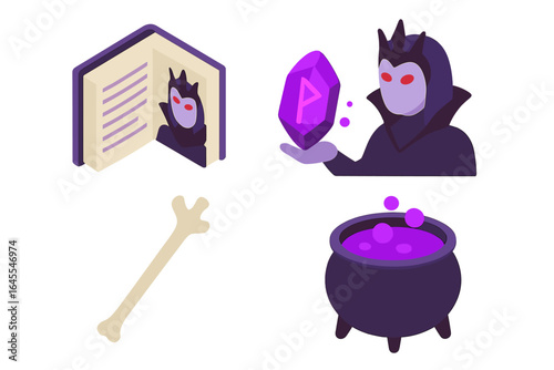 Isometric dark sorceress icon set. Vector flat design elements of a magic queen, glowing runestone, spellbook grimoire, bone wand, and a cauldron with a purple potion.