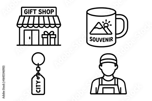 Souvenir icon set. Line art collection of travel mementos. Includes gift shop, tourist store, souvenir mug, city keychain, local artisan. Vector outline pictograms.