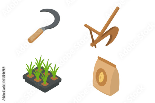 Rice cultivation isometric icon set. Farming tools collection. Agriculture equipment. Hand sickle, wooden plow, seedlings, seed bag. Harvest concept. Vector paddy field elements.