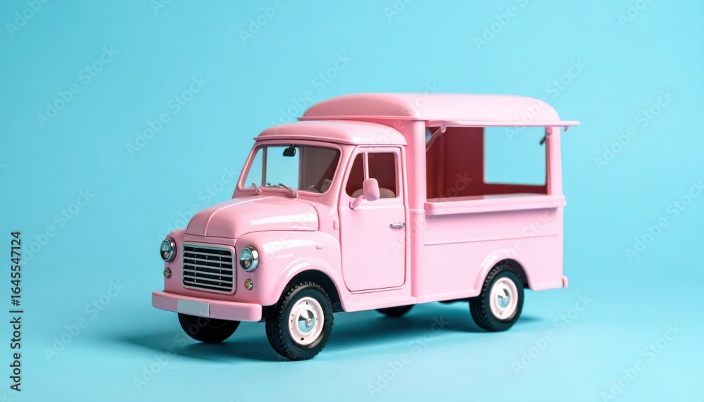 Obraz premium Pastel Pink Food Truck: A charming, vintage-style food truck in a delightful pastel pink hue sits against a vibrant blue backdrop, evoking a sense of nostalgia and culinary anticipation.