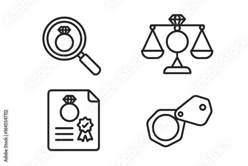 Ring appraisal icon set. Jewelry evaluation process outline icons. Gemology concept with magnifying glass, scales, certificate document and jeweler's loupe. Vector line art.