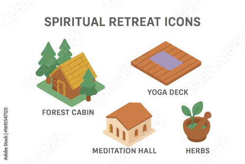 Spiritual retreat icon set for wellness and mindfulness. Isometric vector illustration of forest cabin, yoga deck, meditation hall, and herbal medicine concept.