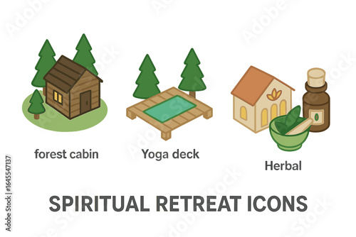 Spiritual retreat isometric icon set. Vector collection for wellness, yoga, meditation. Includes forest cabin, yoga deck, herbal medicine. Mindfulness, nature concept.