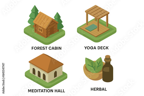 Spiritual retreat icons isometric set. Vector illustration of forest cabin, yoga deck, meditation hall, herbal medicine. Wellness, mindfulness, harmony, nature concepts.