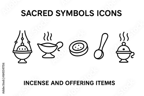 Sacred symbols icon set for religious ceremony. Vector line art of incense burner, thurible, and spiritual offering items. Minimalist outline icons for meditation and prayer.