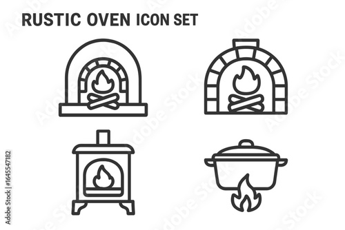 Rustic oven line icon set. Vector symbols for cooking, baking. Includes wood-fired pizza oven, brick hearth, cast iron stove, dutch oven, fire, flame, heat, kitchen.