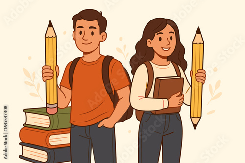Students ready for education. Young man and woman with books and big pencils. Back to school concept. College or university pupils learning. Vector cartoon illustration.