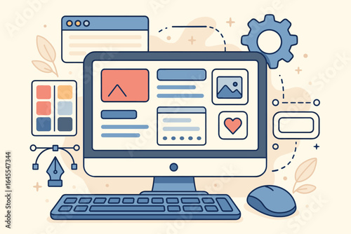 UX/UI development and web design concept. Desktop computer showing website interface creation. User experience, graphic design, prototyping workflow vector illustration.