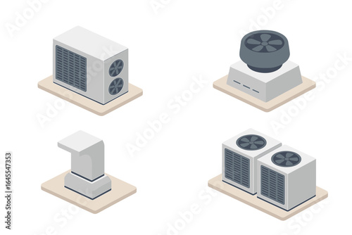 Rooftop HVAC systems isometric icon set. Air conditioning unit, ventilation fan, and ductwork vector illustration. Industrial cooling and heating equipment for buildings.