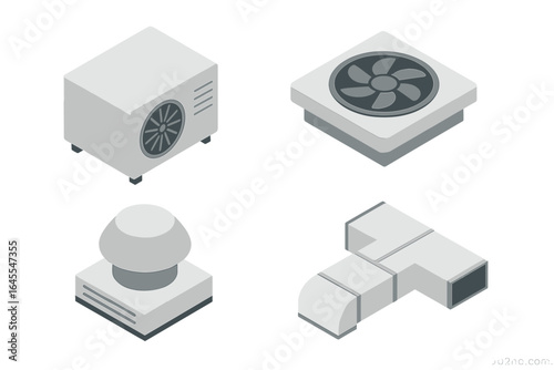 Rooftop HVAC icon set. Isometric flat vector illustration of air conditioning unit, ventilation fan, ductwork. Climate control system and industrial cooling equipment icons.
