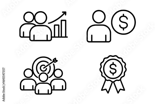 Sales team icons set. Outline vector pictograms for business. Concepts of target achievement, sales growth graph, dollar sign, team goal, financial success, and commission badge.