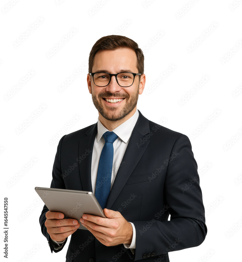 Smiling business professional with tablet in modern office portrait, isolated on transparent background, png Smiling business professional with tablet in modern office portrait, isolated on transparent background, png