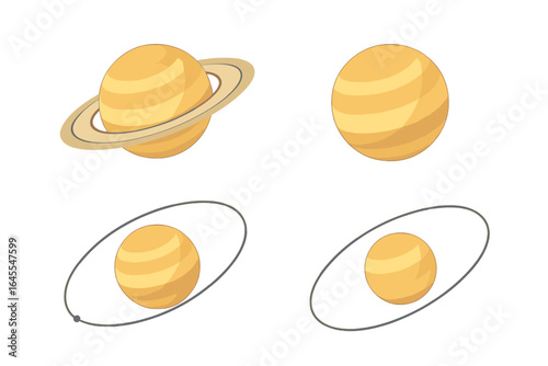 Saturn planet vector icon set. Flat cartoon illustration of solar system gas giant. Astronomy science graphic showing orbital path, rings, and oblate spheroid shape.