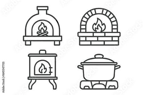 Rustic oven icon set. Collection of outline icons featuring various traditional ovens. Includes wood-fired, brick, and cast iron ovens, plus a dutch oven for authentic cooking.