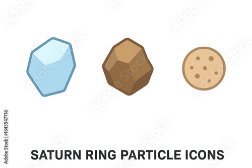 Saturn ring particle icons set. Isometric flat design showing ring composition: ice chunk, rock fragment, dust grain. Vector illustration for astronomy and science.
