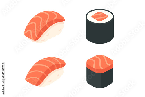 Salmon sushi and sashimi icon set. Isometric vector illustration of Japanese food. Includes nigiri, maki roll, and fresh fish. For restaurant menu or delivery app.