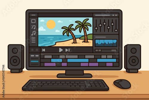 Filmmaker or vlogger workspace. Video editing software on computer screen with user interface. Post production, montage and content creation. Editing travel beach footage.