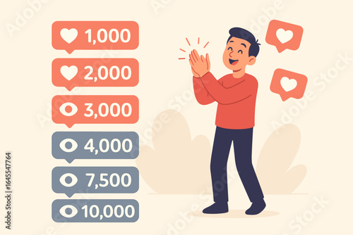 Happy cartoon man celebrating viral success on social media. Likes and views counters show increasing numbers, representing audience engagement, popularity and follower growth.