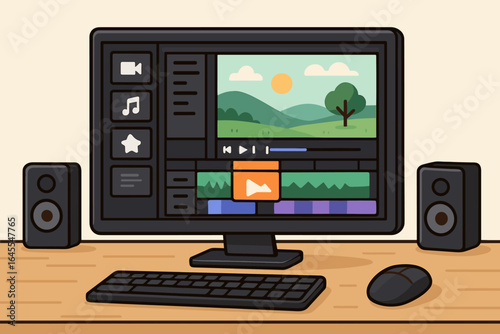 Video editor software on desktop computer screen with user interface. Post production process, digital content creation, and filmmaking concept. Vector cartoon illustration of a workstation.