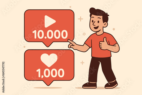 Social media concept with a man celebrating growing likes and views. Influencer happy with audience engagement and viral content. Follower count success vector illustration.