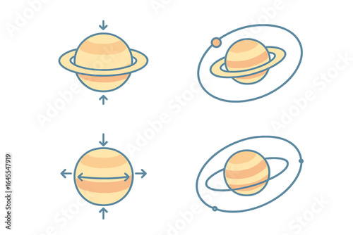 Saturn planet icon set. Vector illustration of gravitational forces, oblate spheroid shape, and orbital path. Astronomy and physics concept for education and science design.