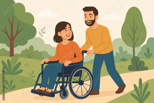 Man assisting a happy woman in a wheelchair. Couple enjoying a walk in the park. Disability, support, care, and rehabilitation concept. Outdoor activity for handicapped person.
