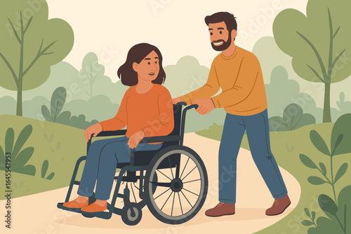 Man assisting woman in wheelchair outdoors. Couple walking in park. Disability, support, care concept. Vector cartoon illustration of injured person in nature getting fresh air.