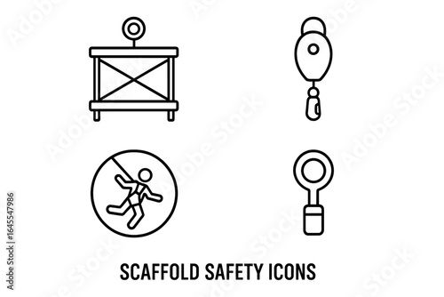 Scaffold safety outline icon set. Fall protection system for construction work. Lifeline anchor, personal fall limiter, and safety harness pictogram for working at height.
