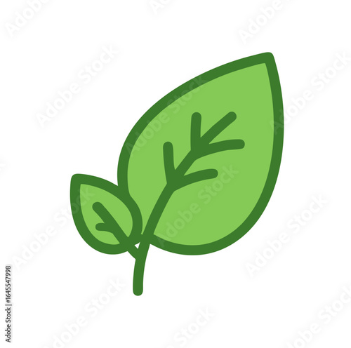 A simple, stylized illustration of two green leaves, showing veins and stem.