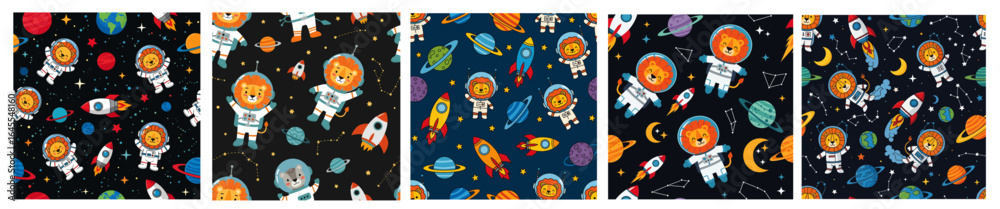 Cosmic King of the Jungle: A stellar set of five seamless patterns featuring a cute lion astronaut exploring the galaxy with vibrant planets, soaring rockets, and twinkling constellations. Cosmic King of the Jungle: A stellar set of five seamless patterns featuring a cute lion astronaut exploring the galaxy with vibrant planets, soaring rockets, and twinkling constellations.