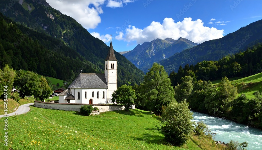 Serene alpine valley scene with church, river, and mountains under a bright sky Serene alpine valley scene with church, river, and mountains under a bright sky