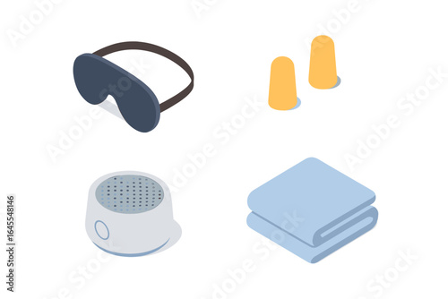 Sleep accessories isometric icon set. Eye mask, earplugs, white noise machine, blanket. Vector icons for healthy rest, relaxation, insomnia, bedtime routine concept.