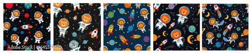Cosmic King of the Jungle: A stellar set of five seamless patterns featuring a cute lion astronaut exploring the galaxy with vibrant planets, soaring rockets, and twinkling constellations.