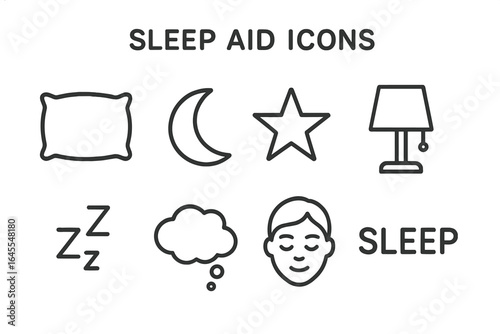Sleep aid icons. Outline icon set of sleep and mindfulness aids like pillow, moon, star, bedside lamp, zzzz symbol, dream cloud, and sleep. Vector illustration.