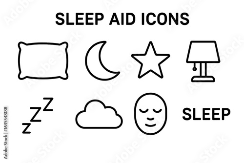 Sleep aid icon set for relaxation and mindfulness. Vector outline symbols for insomnia, good night, and sweet dreams. Pillow, moon, star, zzzz, and night lamp.
