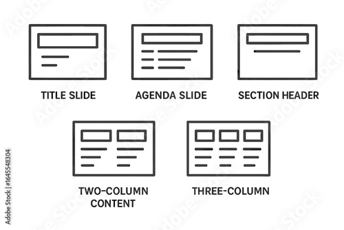 Slide layout outline icon set. Vector collection for presentation templates. Includes title, agenda, section header, two and three column content. UI UX kit for business deck.
